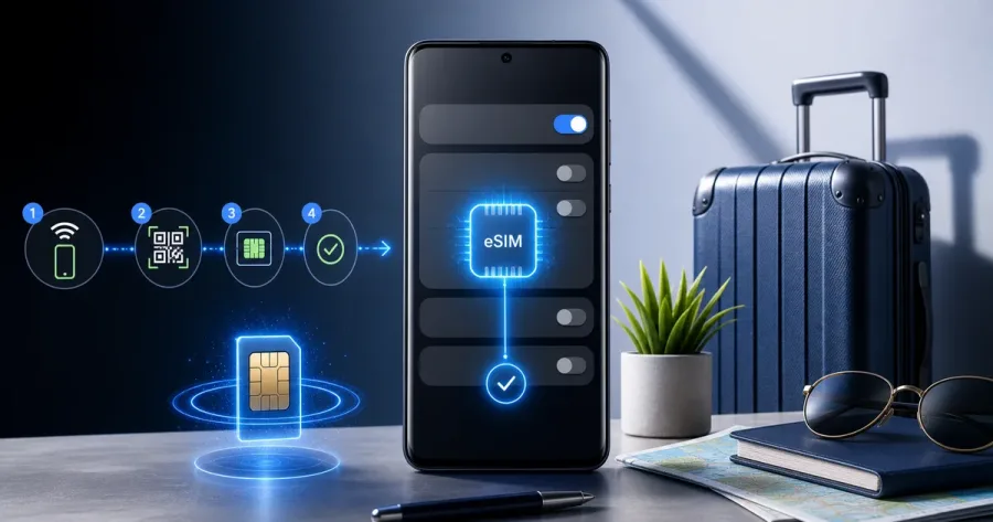Android and Samsung eSIM setup illustration showing a phone scanning a QR code