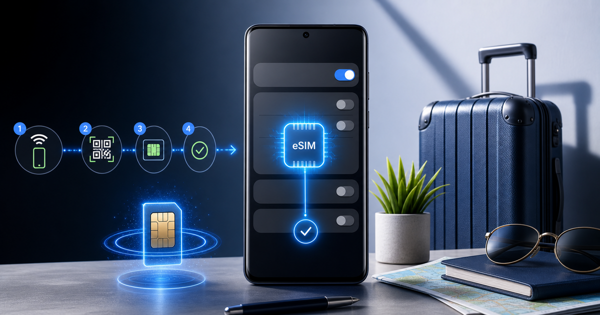 Android and Samsung eSIM setup illustration showing a phone scanning a QR code