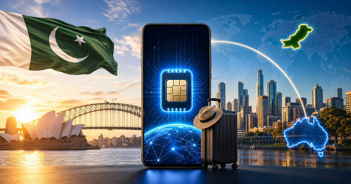 Australia travel eSIM guide illustration with skyline and signal waves