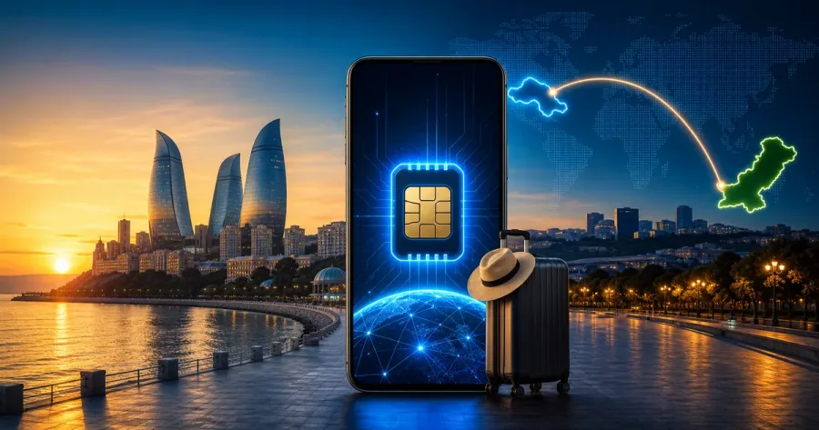 Azerbaijan travel eSIM guide illustration with Baku skyline and signal waves