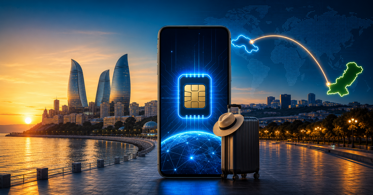 Azerbaijan travel eSIM guide illustration with Baku skyline and signal waves