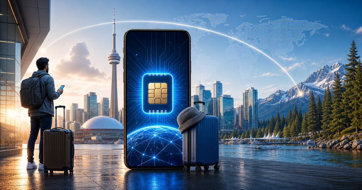Canada travel eSIM guide illustration with skyline and signal waves