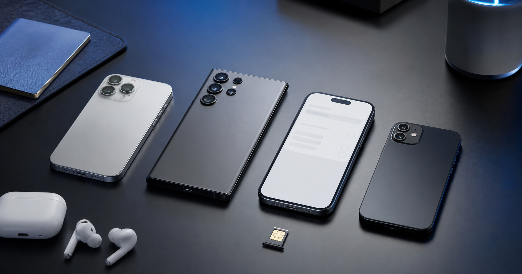 Modern smartphones arranged beside a passport for checking travel eSIM compatibility