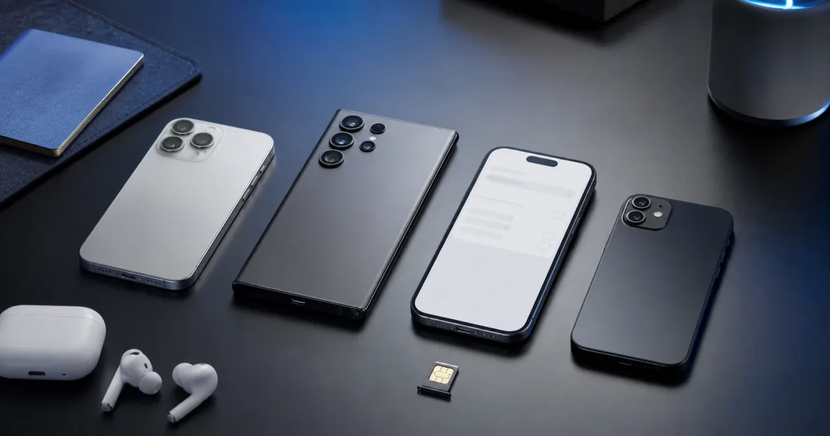 Modern smartphones arranged beside a passport for checking travel eSIM compatibility