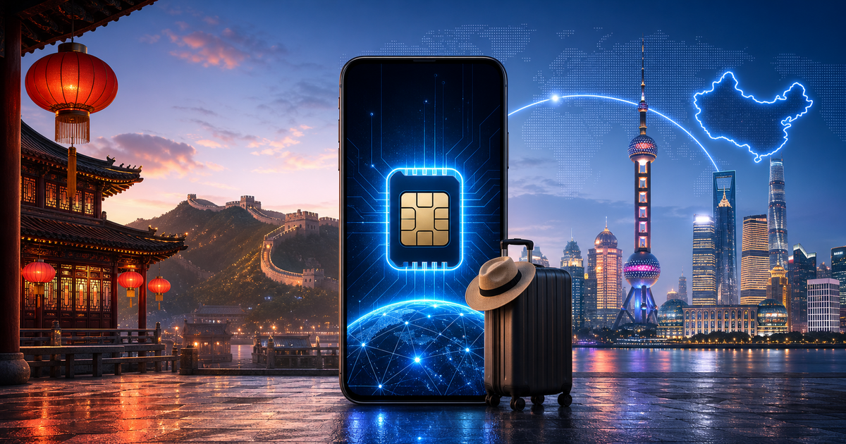 China travel eSIM guide illustration with skyline and signal waves