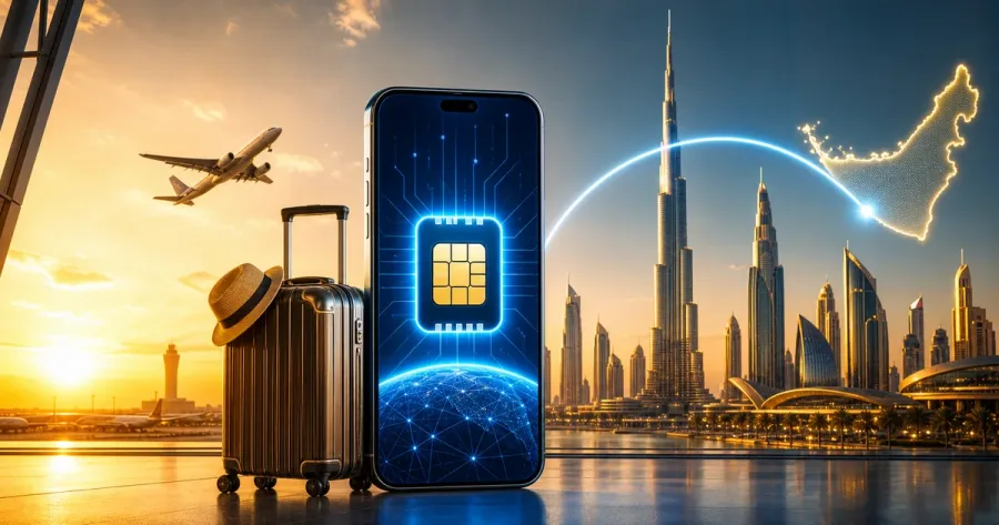 Dubai and UAE travel eSIM guide illustration with skyline and signal waves
