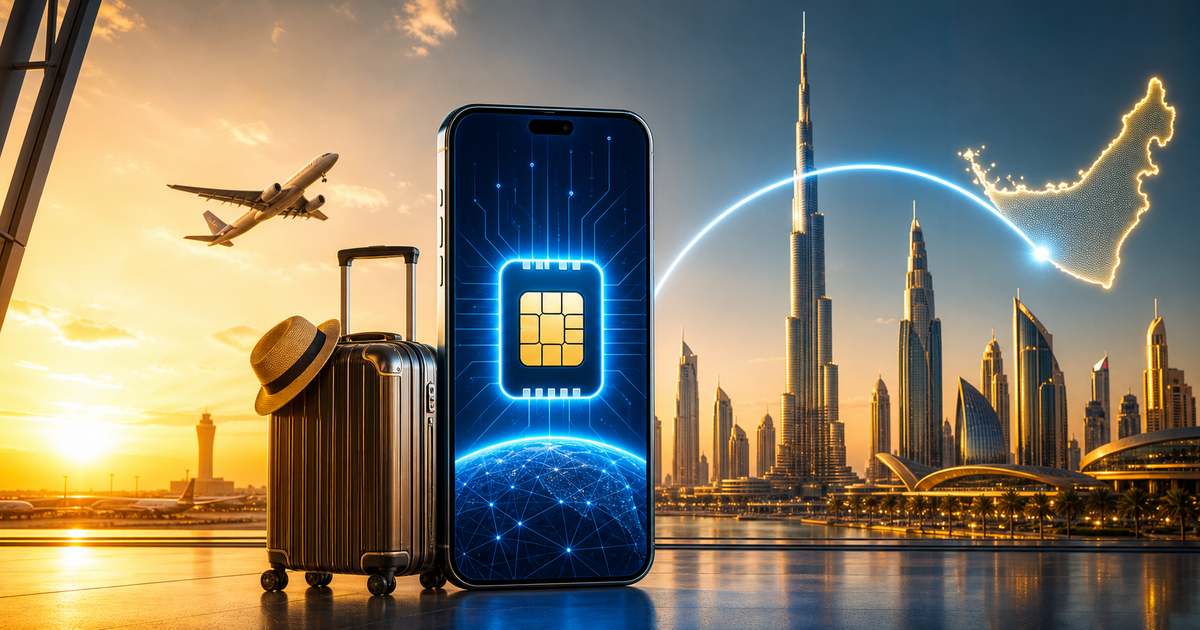 Dubai and UAE travel eSIM guide illustration with skyline and signal waves