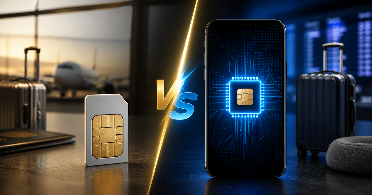 Comparison illustration of a physical SIM card next to a digital eSIM chip