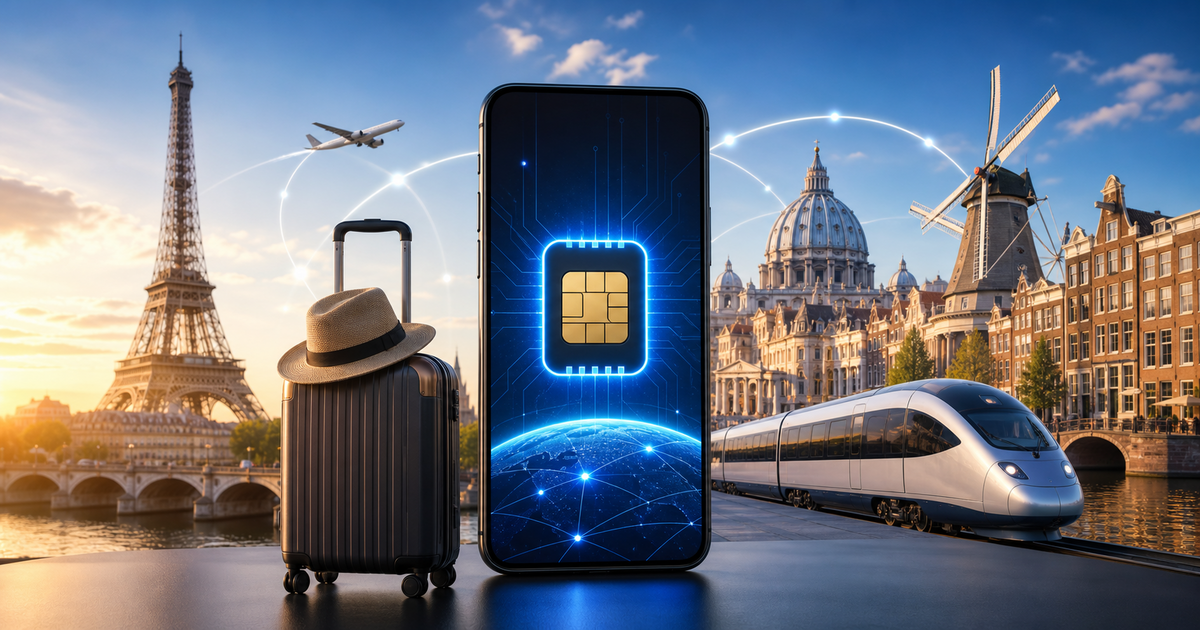 Europe travel eSIM guide illustration with multiple country outlines and signal waves