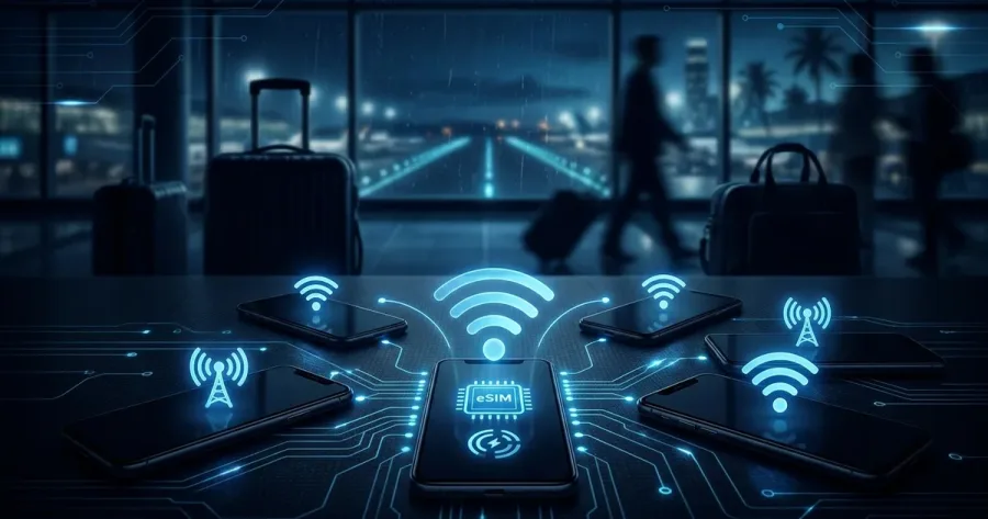 Illustration of multiple phones connected to a single eSIM hotspot data connection while travelling