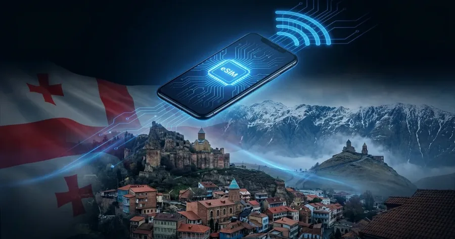 Georgia travel eSIM guide illustration with Tbilisi old town and mountain scenery