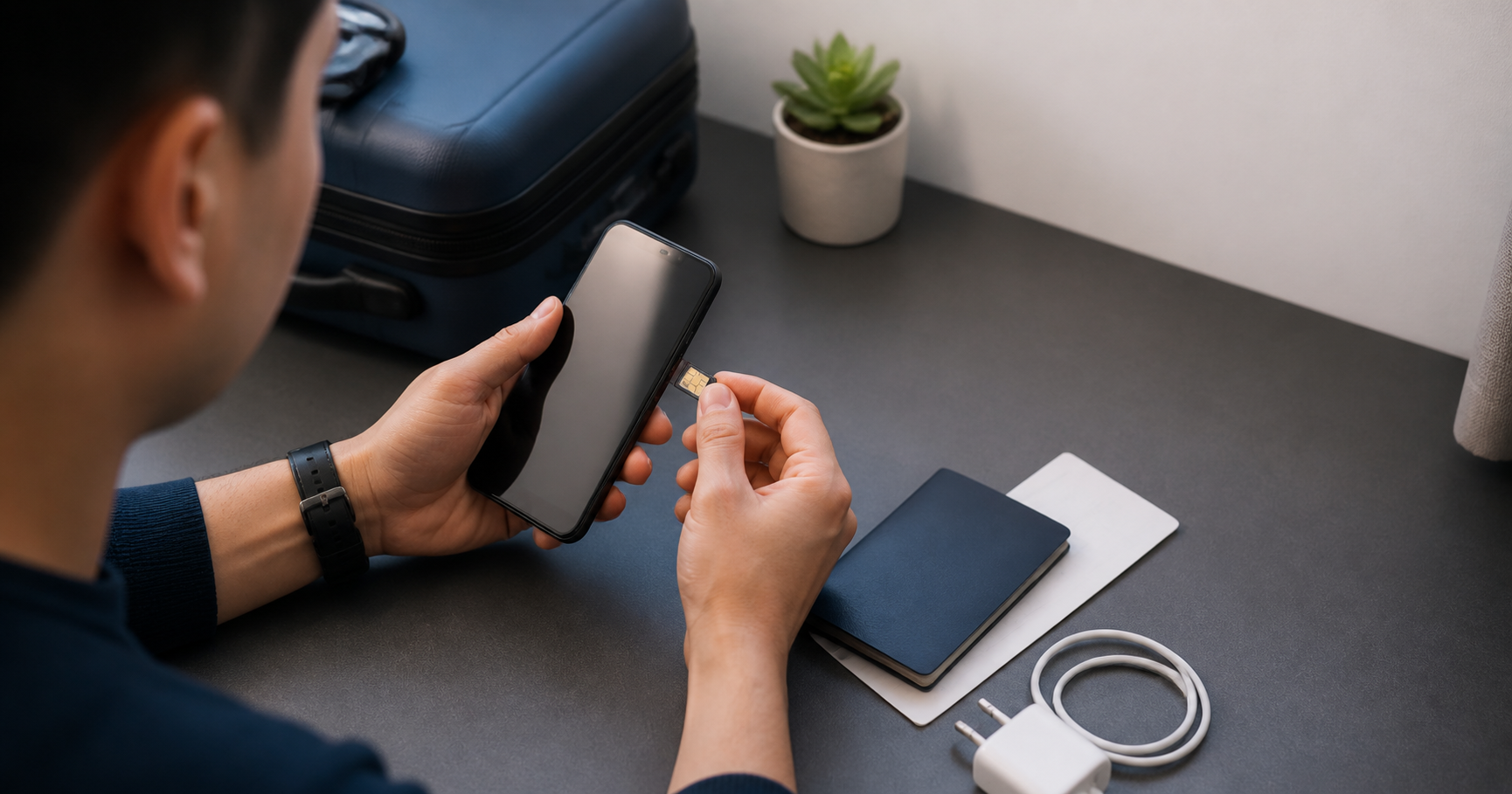 Traveller setting up a smartphone beside a passport and carry-on bag before a trip
