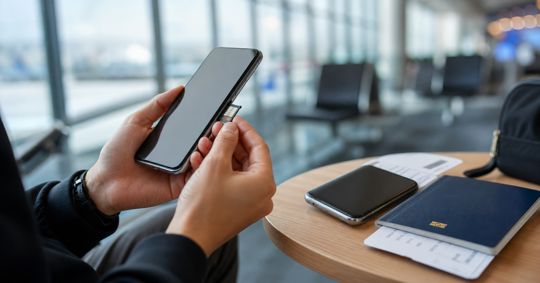 Traveller holding a dual-SIM smartphone beside a passport in an airport lounge