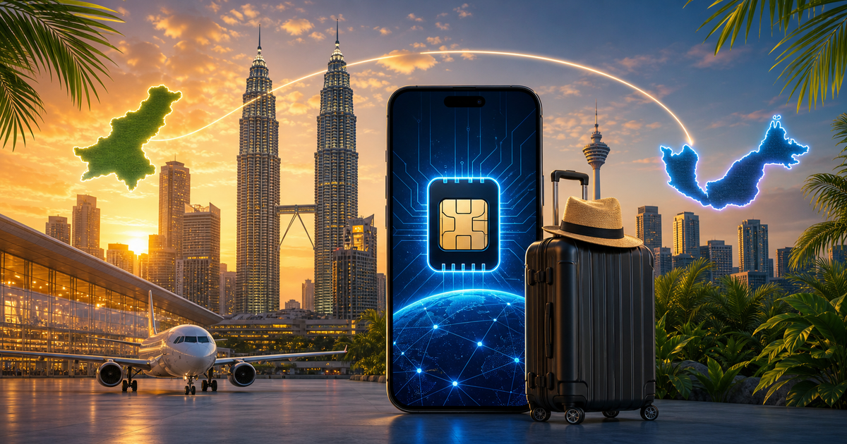 Malaysia travel eSIM guide illustration with Kuala Lumpur skyline and signal waves