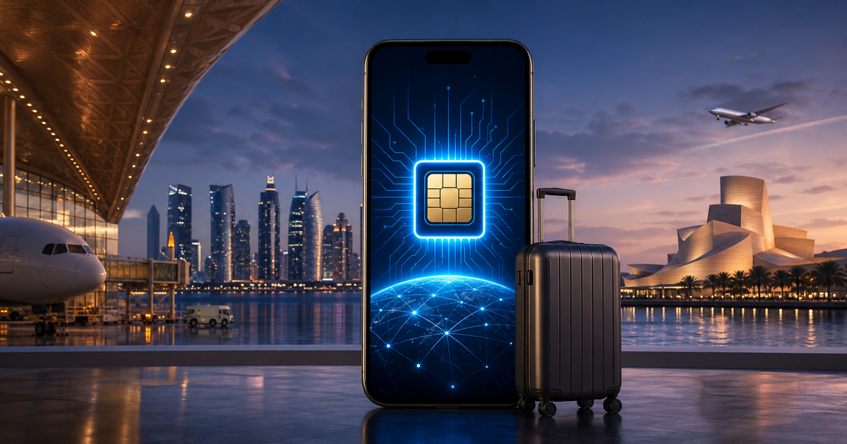 Qatar travel eSIM guide illustration with Doha skyline and signal waves