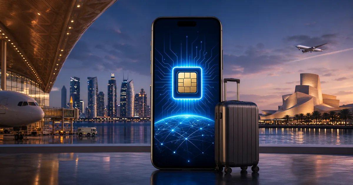 Qatar travel eSIM guide illustration with Doha skyline and signal waves