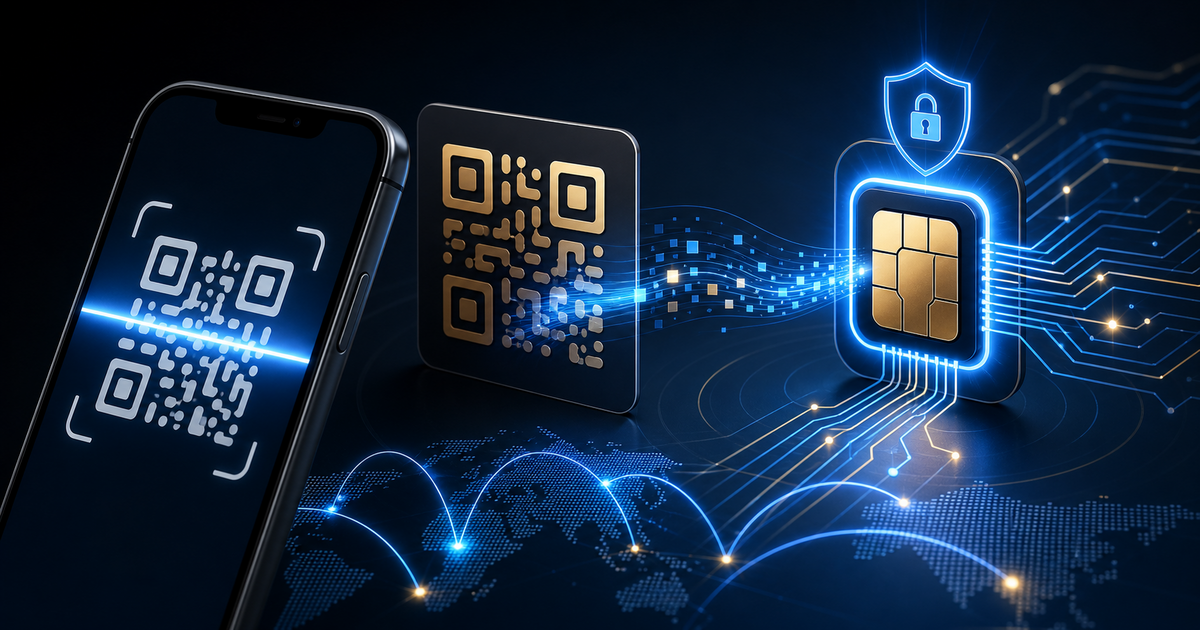 Illustration explaining how an eSIM QR code activation process works