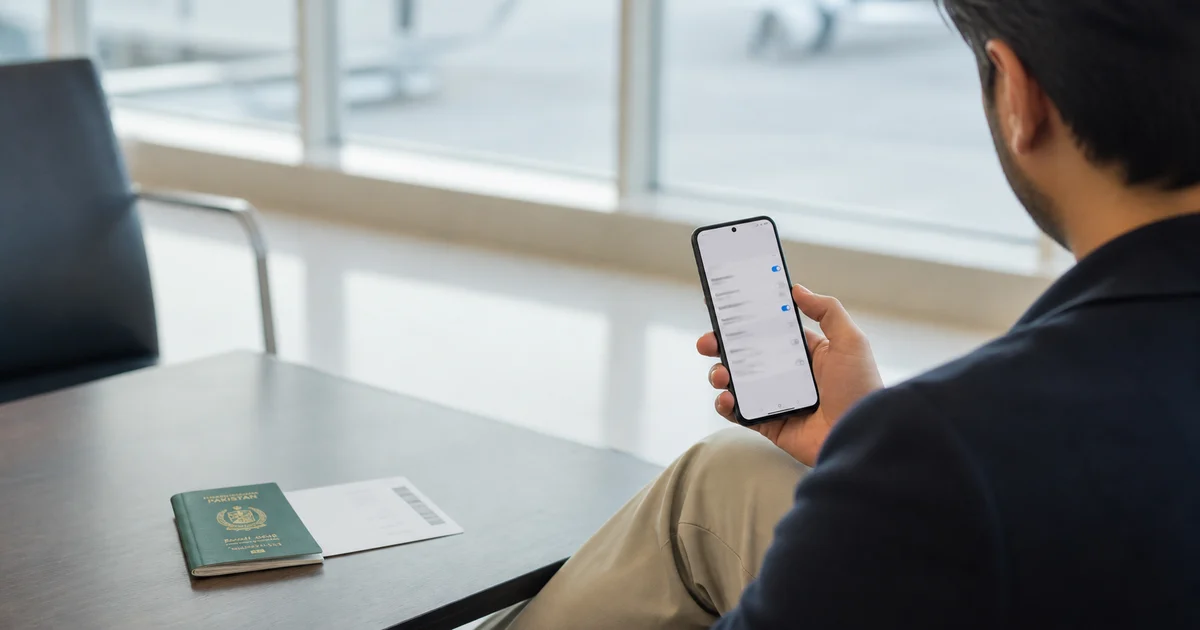 Traveller in Pakistan checking mobile-data settings on a compatible smartphone beside a passport