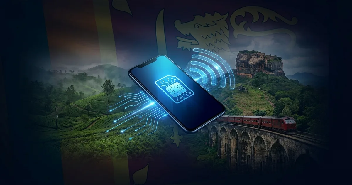 Sri Lanka travel eSIM guide illustration with hill country train and coastal scenery