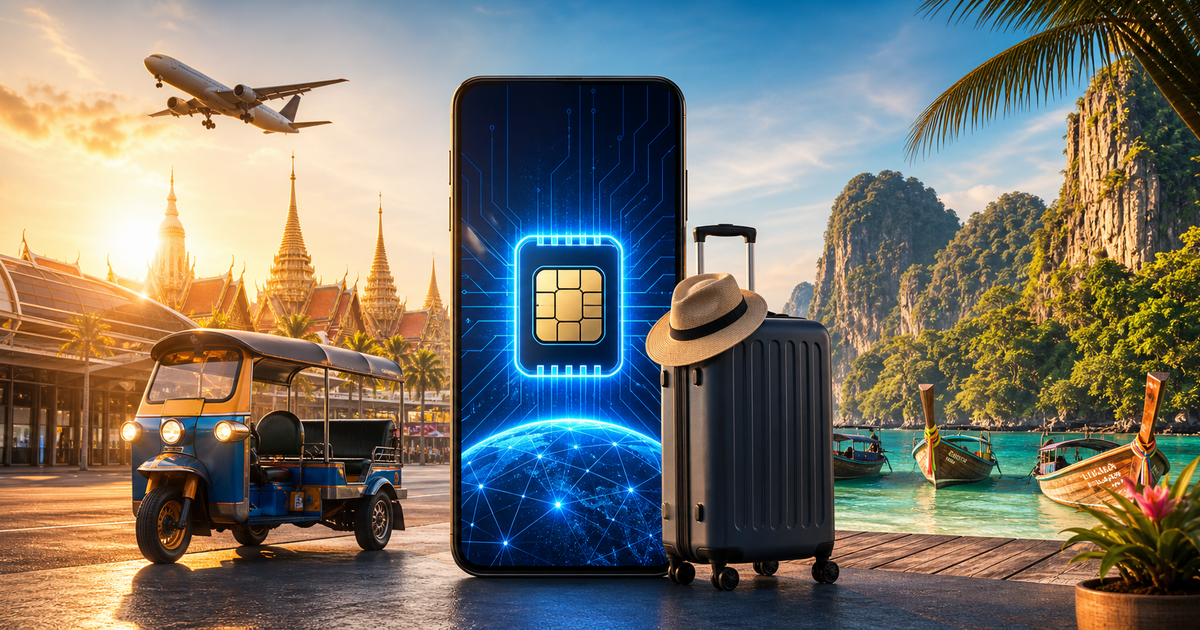 Thailand travel eSIM guide illustration with temple silhouette and signal waves