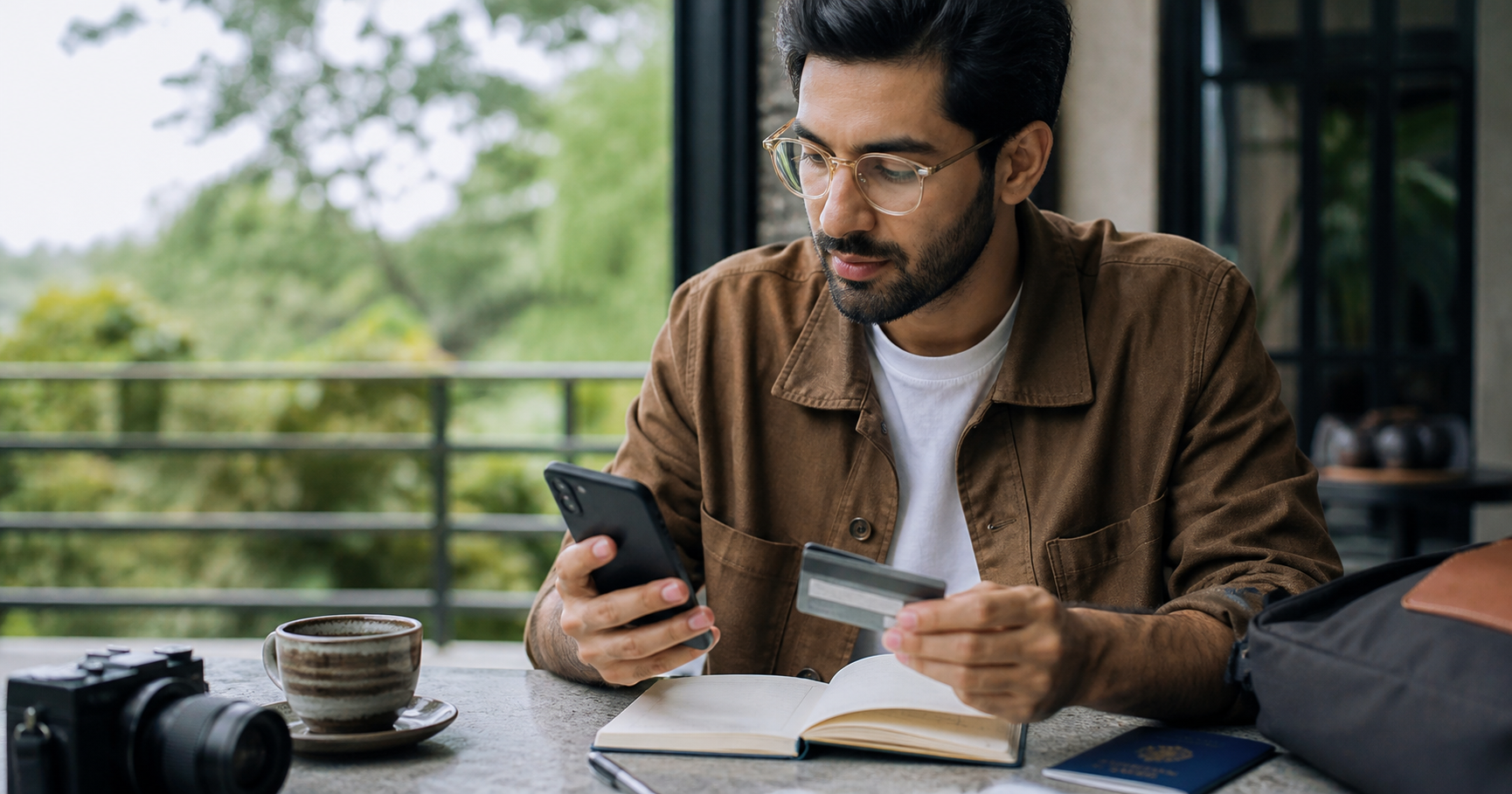 Traveller planning a travel data budget with a smartphone, notebook and passport at a café table