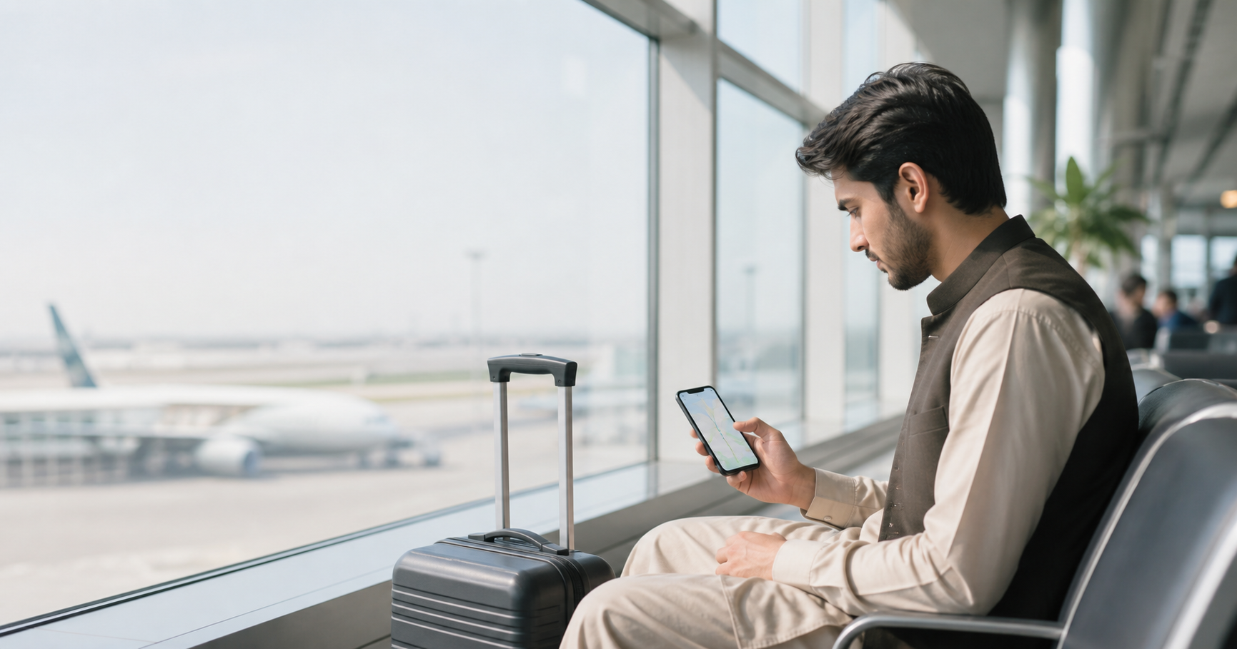 Pakistani traveller using a smartphone in an airport lounge before an international flight