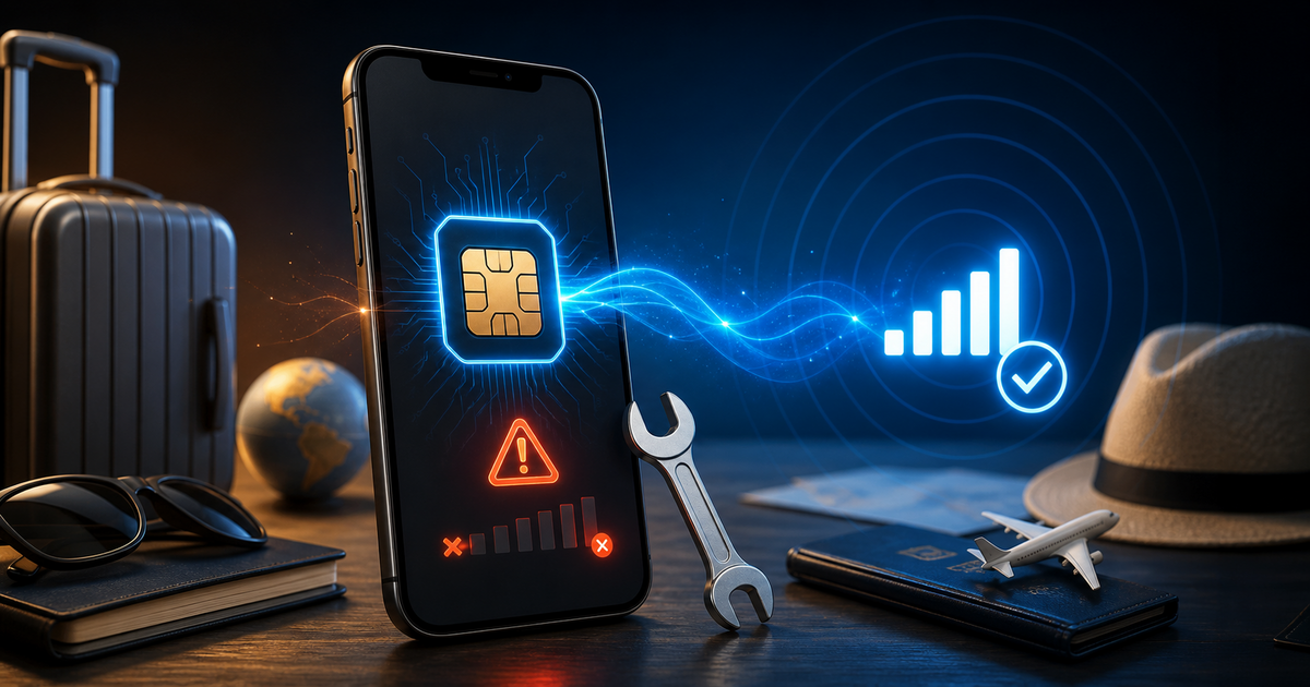 Illustration of a phone with a wrench icon representing eSIM troubleshooting