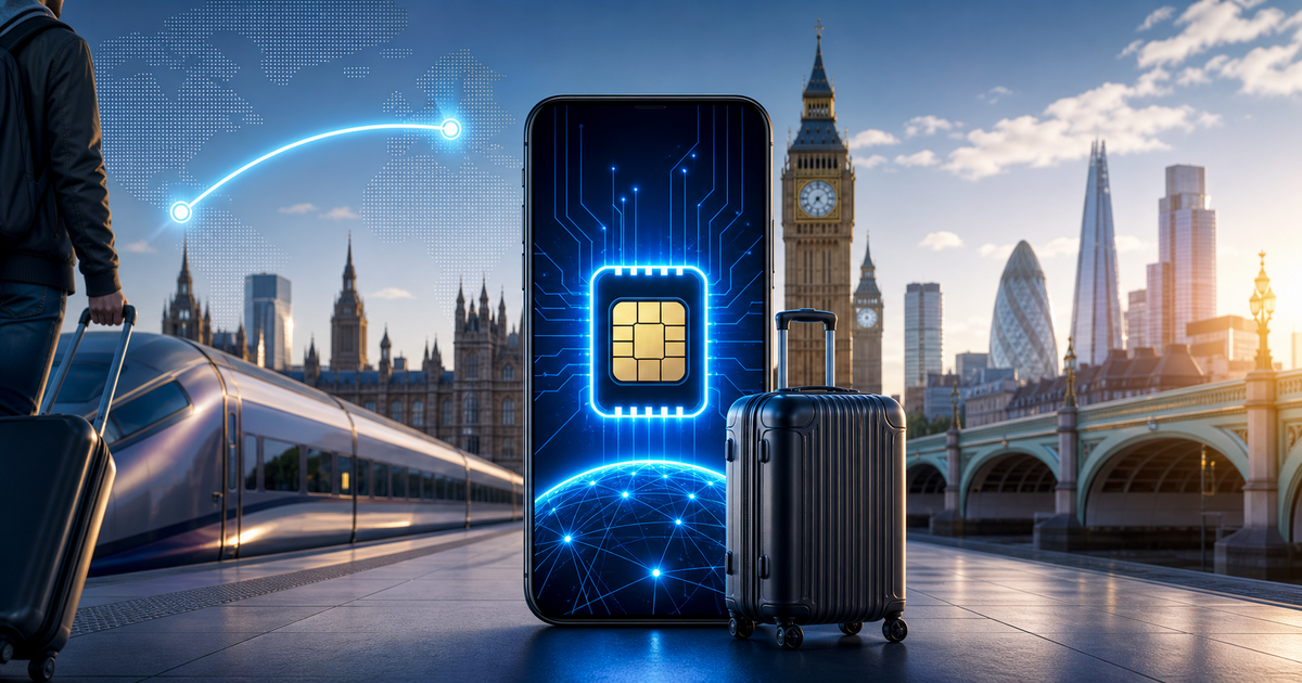 UK travel eSIM guide illustration with signal waves and United Kingdom branding
