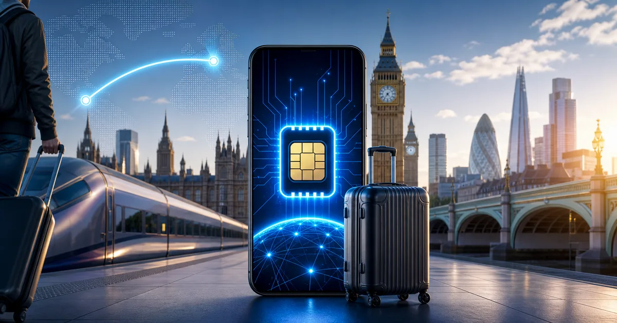 UK travel eSIM guide illustration with signal waves and United Kingdom branding