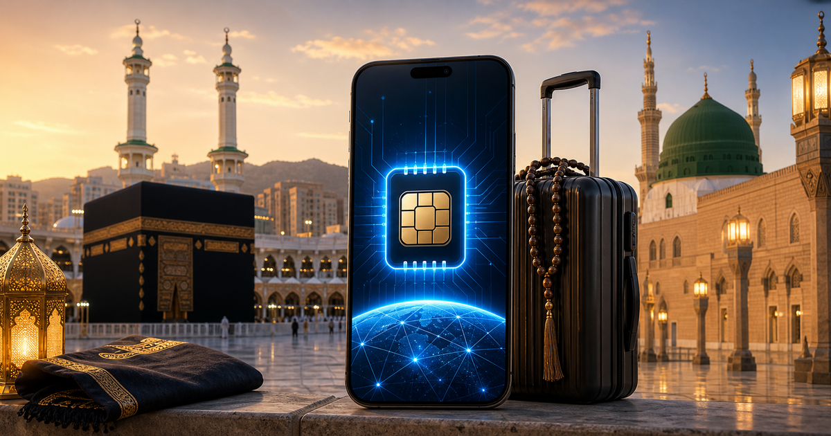 Umrah and Saudi Arabia eSIM guide illustration with crescent and Kaaba motif