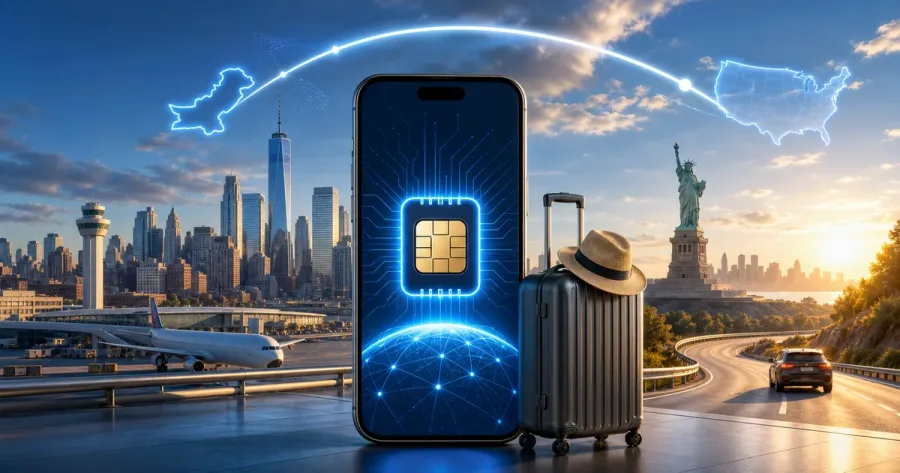 USA travel eSIM guide illustration with skyline and signal waves