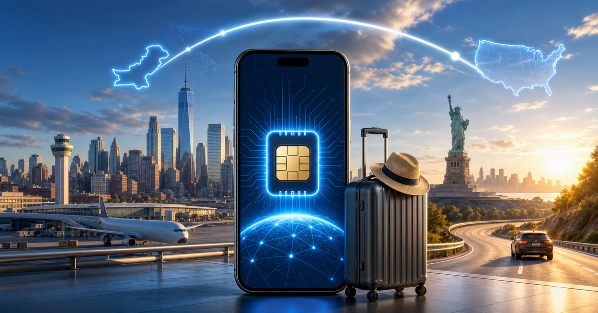 USA travel eSIM guide illustration with skyline and signal waves