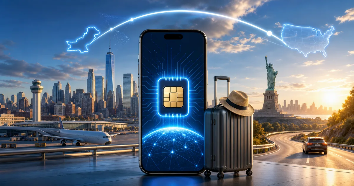 USA travel eSIM guide illustration with skyline and signal waves